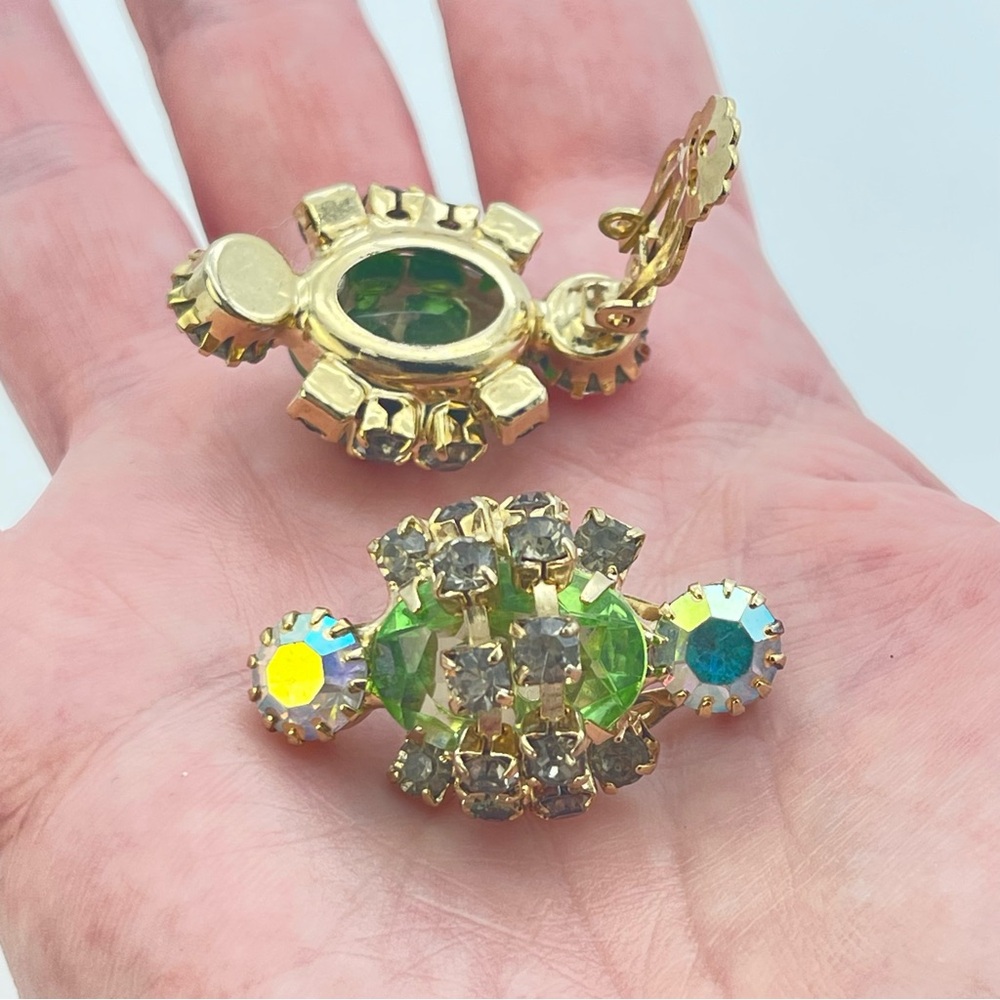 Vintage 50s Rhinestone Earrings | 1950s Clip-on Aurora Borealis Retro Jewelry - Picture 4 of 15